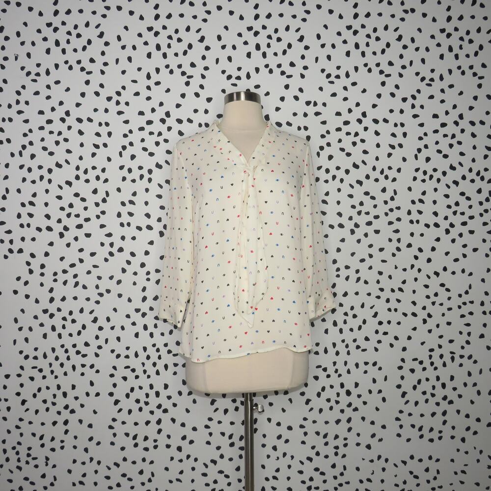 Modcloth Eye Love U Tie Neck Quirky Print 3/4 Sleeve Blouse - Picture 2 of 10